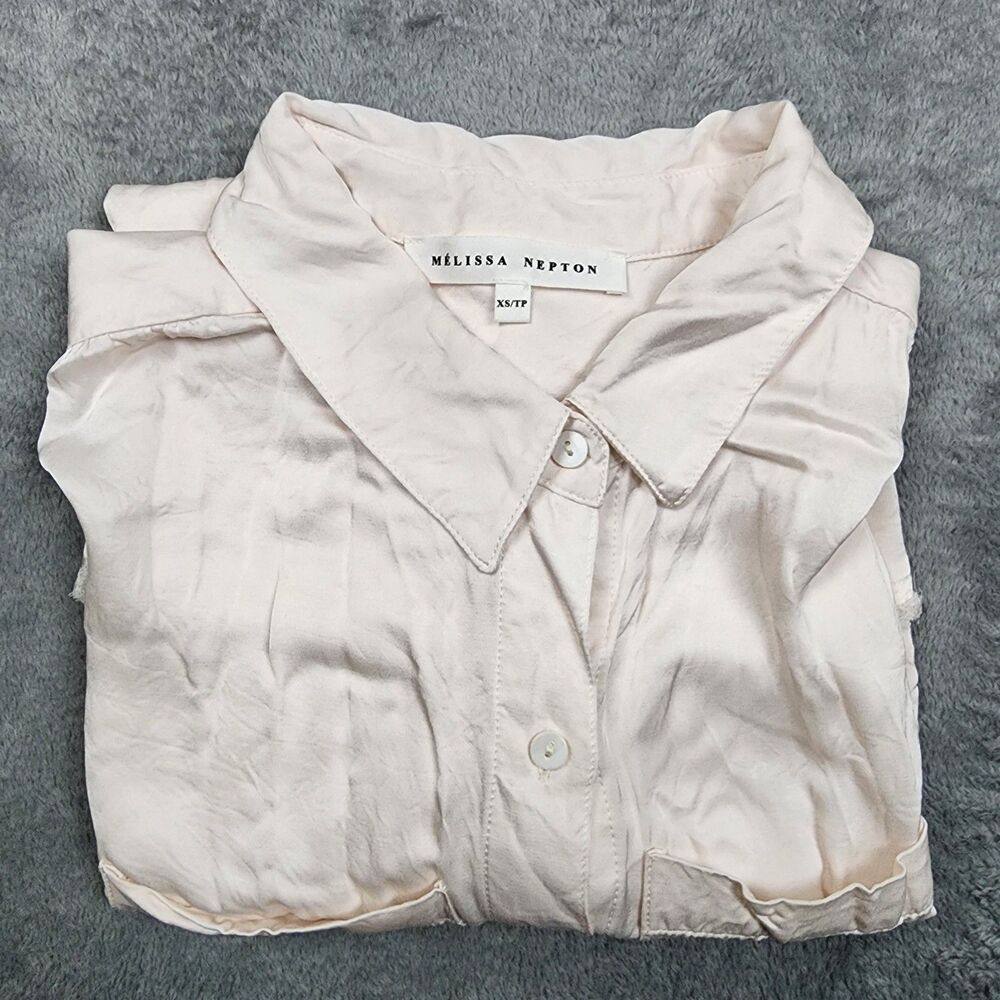 Melissa Nepton Womens Button Down Shirt XS Beige Short Sleeve 100% Viscose